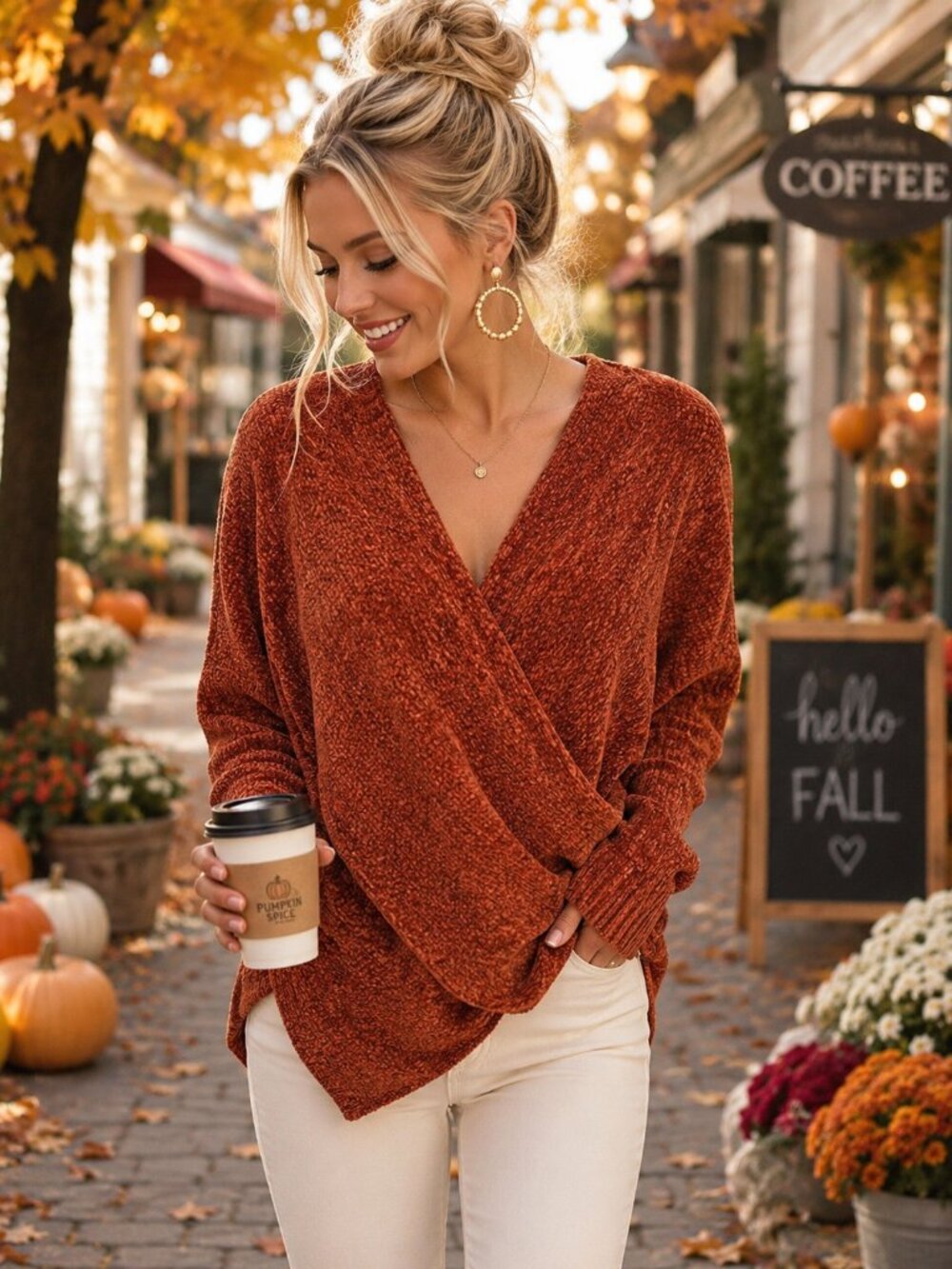 All In Favor Rust Chenille Faux Wrap Sweater Medium Soft Cozy Pullover